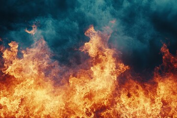 Fototapeta premium Intense flames engulfing dark clouds creating a dramatic and fiery atmosphere during a forest fire event