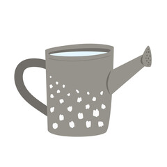 Metal watering can or pot isolated on white background. Cartoon vector illustration. Modern gardening tool.