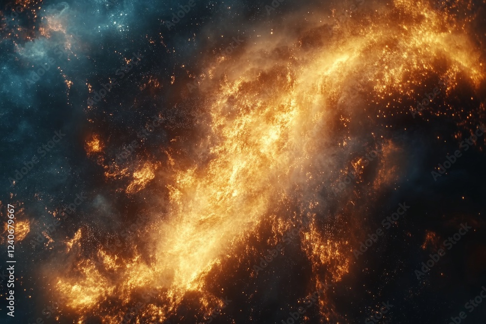 Poster Stunning view of a cosmic scene filled with fiery elements and vibrant colors in the vastness of space