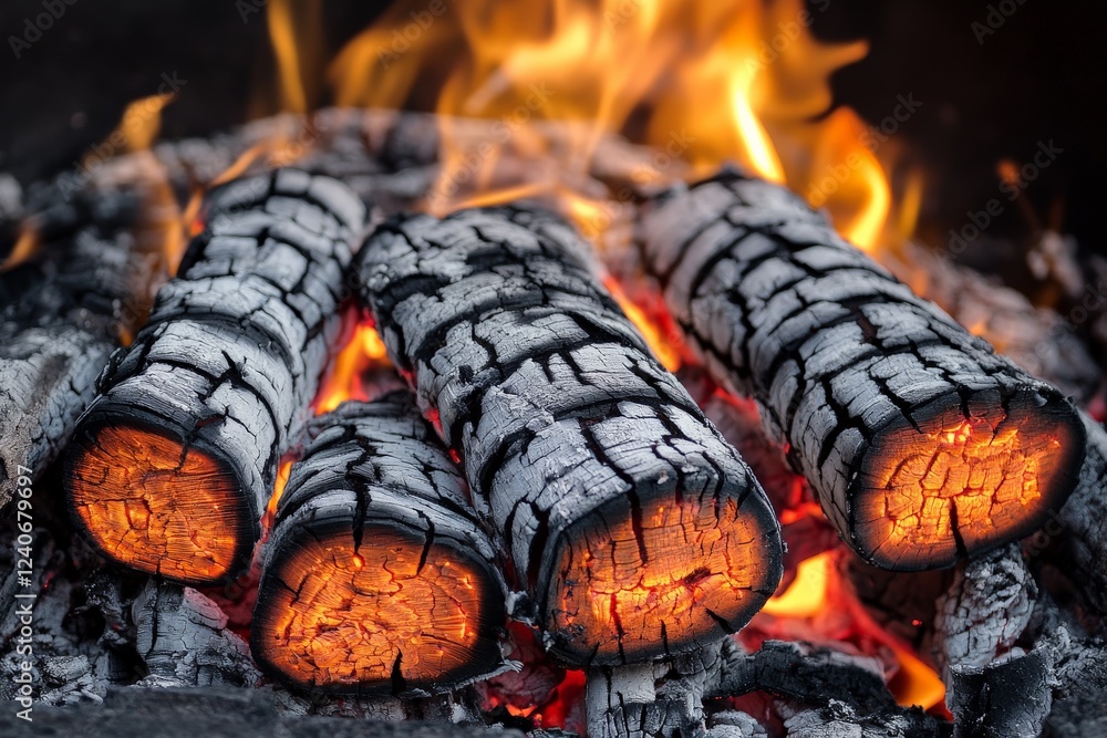 Poster burning logs create an ambient glow in a campfire during a cool evening in the forest