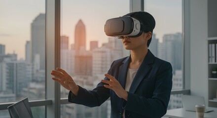 Businesswoman Explores Virtual Reality in Modern Office