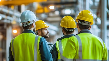 A group of engineers in safety gear discussing operations in a manufacturing facility. The scene captures teamwork and commitment to workplace safety and efficiency.