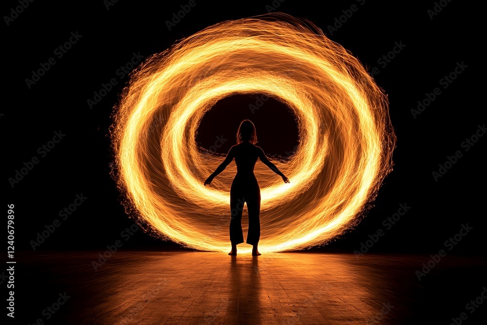 Poster dynamic fire spinning performance creates mesmerizing circular patterns in a dark setting