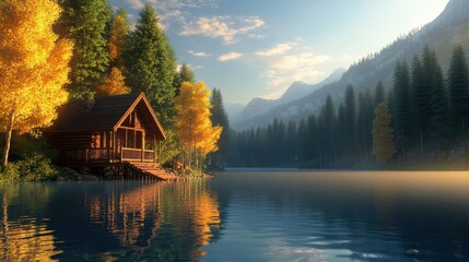 Fototapeta premium Tranquil Cabin by Misty Lake Amidst Vibrant Autumn Forest