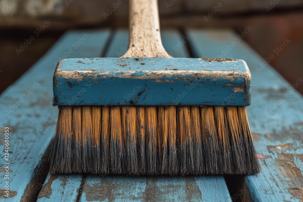 Poster weathered brush rests on a blue wooden surface in a workshop setting showcasing the tools of craftsm