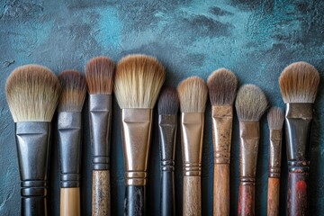 Fototapeta premium Various makeup brushes arranged neatly on a textured surface showcasing their different sizes and shapes