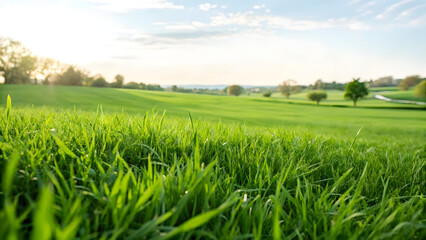 Obraz premium A vibrant green field of grass stretches under a bright blue summer sky