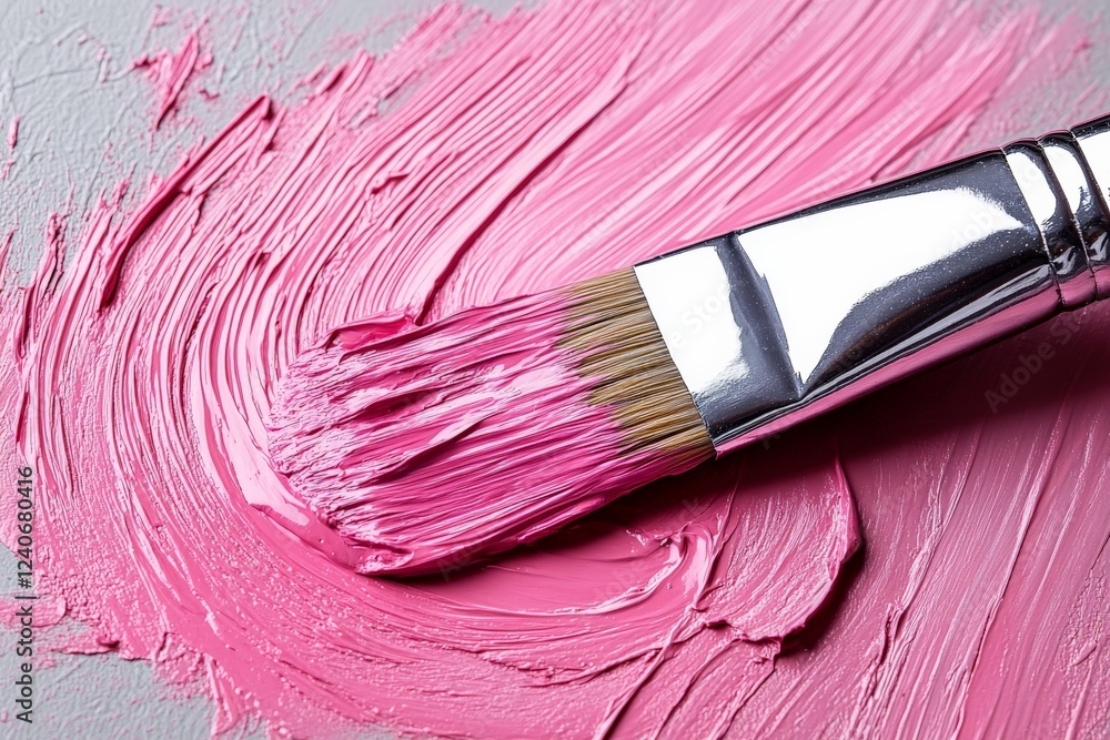 Poster bright pink paint on textured surface with paintbrush creating artistic strokes