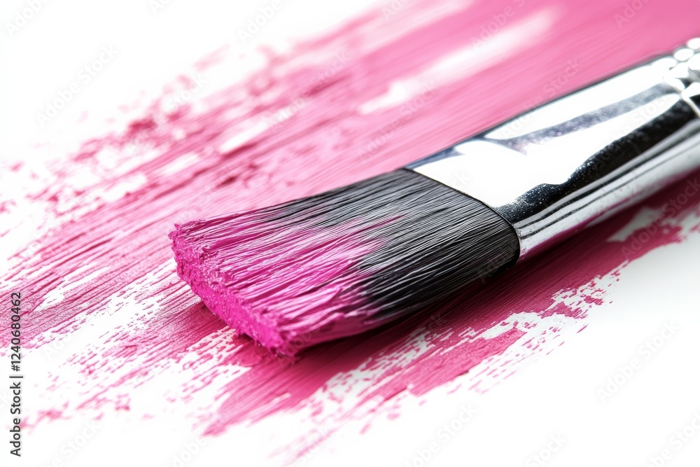Poster bright pink paintbrush creating vibrant strokes on a canvas in an artistic workspace during daylight