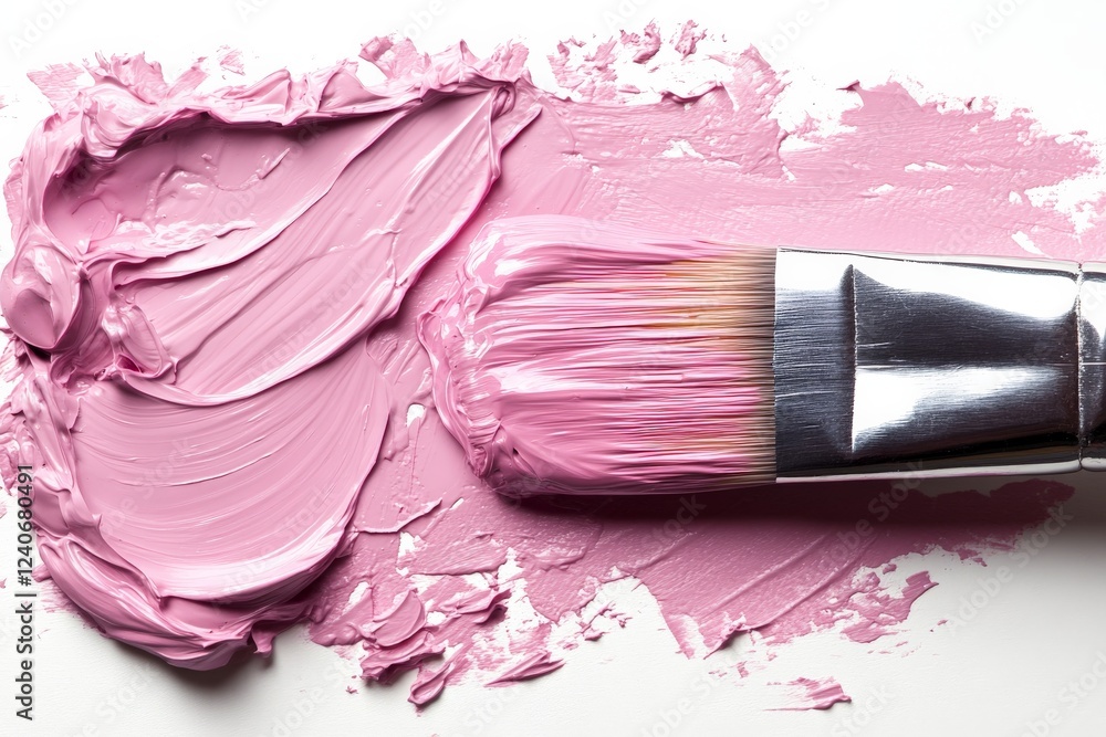 Poster soft pink paint spread across a smooth surface with a brush resting on top, capturing the essence of