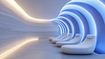Obraz premium High-tech futuristic wellness center, ambient lighting, sleek decor, modern relaxation space