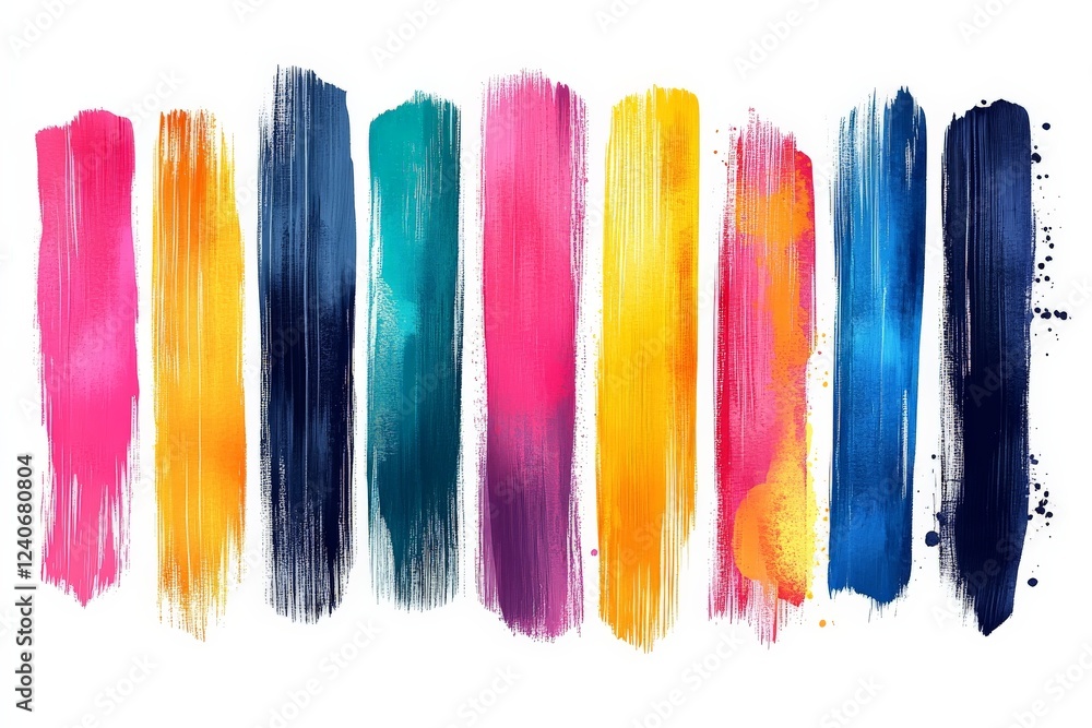 Poster Vibrant vertical brush strokes displaying an array of colors on a white background