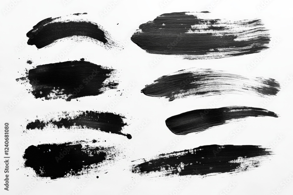 Poster various black paint strokes on white canvas showcasing artistic expression and texture techniques fo