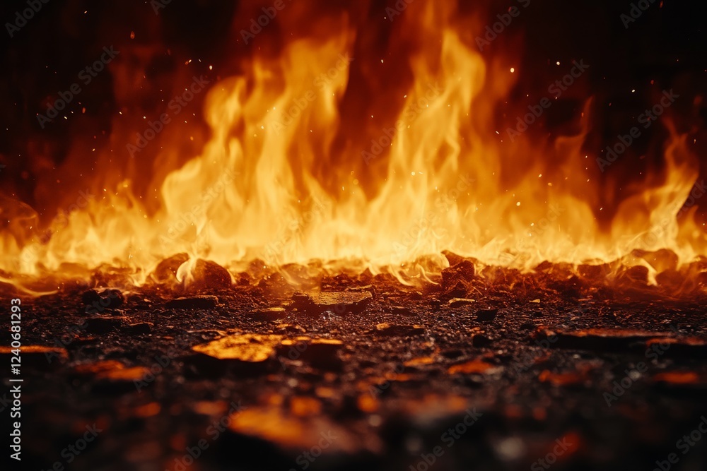 Poster Flames rise dramatically from a dark surface creating a mesmerizing visual display of fire and heat