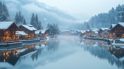 Fototapeta premium Snowy village, river reflection, mountains, winter evening, postcard