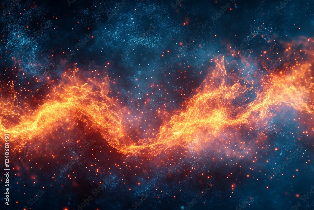 Poster vibrant flames and cosmic particles create a stunning visual experience in a dark backdrop