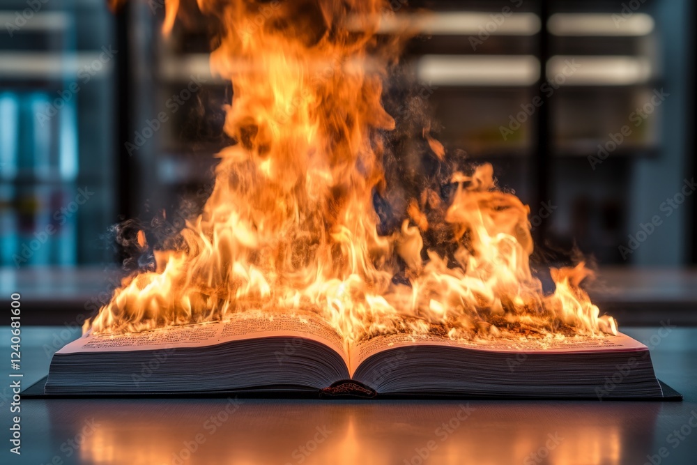 Aufkleber flames engulf an open book in a modern library setting during the evening hours