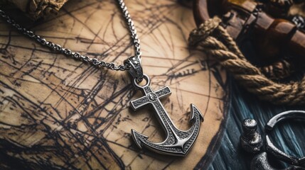 A mens anchor pendant necklace in stainless steel, displayed on a nautical-themed backdrop.