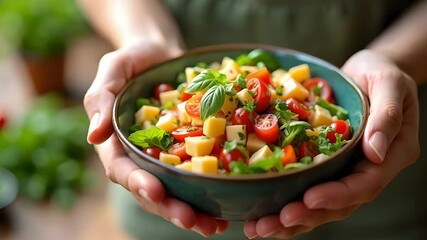A person holding a vibrant bowl of fresh salad with cherry tomatoes, cheese, and herbs, conveying a sense of joy and healthy eating
