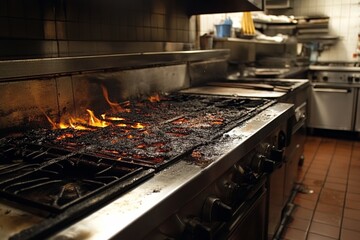 Kitchen fire causes significant damage to cooking equipment in busy restaurant environment