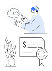Man wearing VR headset interacts with virtual brain hologram, emphasizing innovation. Certificate represents achievement, while plant symbolizes growth. Ideal for education, technology, virtual