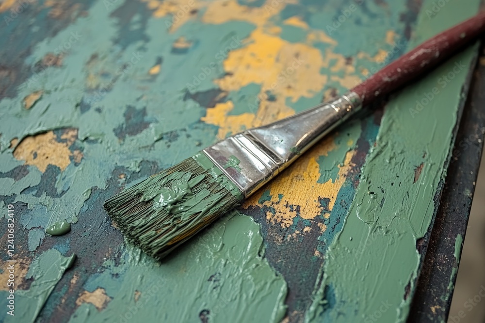 Poster brush resting on a weathered surface with green paint and peeling layers in a creative workspace