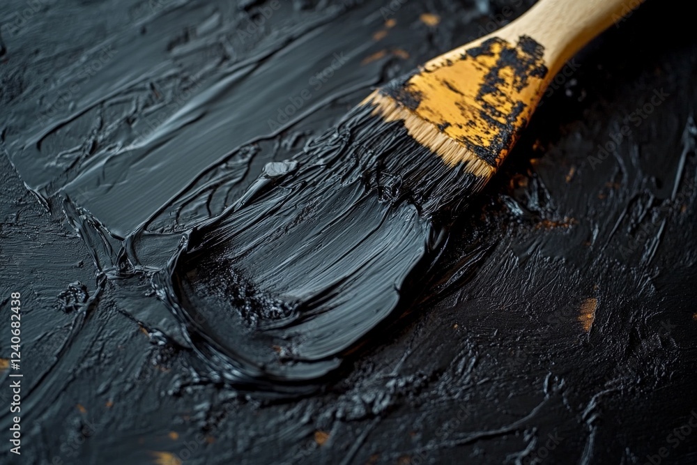 Poster brush applying thick black paint on textured surface in artistic workspace setting during daylight h