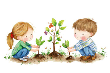 Two children are joyfully planting a small tree, engaging in an activity that promotes nature and care for the environment.