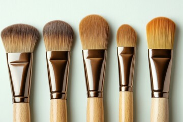 Different types of makeup brushes arranged in a line showing diverse bristle shapes and sizes for various applications