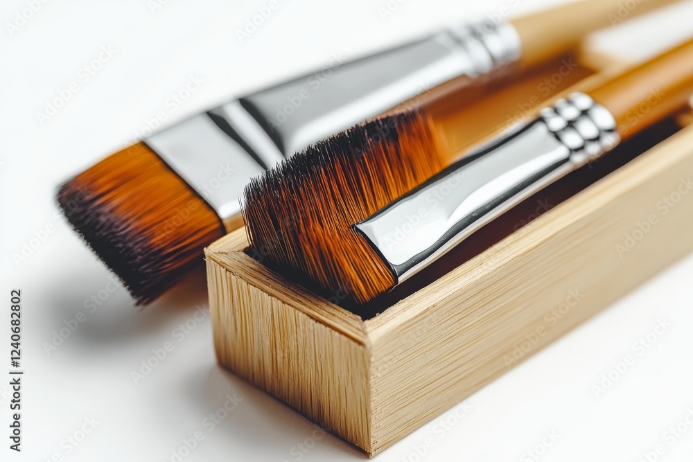 Poster high-quality paintbrushes resting in a wooden holder on a clean surface for crafting and artistic pr