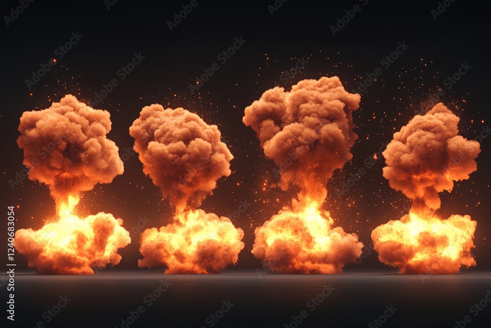 Poster explosive fireball eruptions create dramatic clouds at dusk with flames and smoke rising in a captiv
