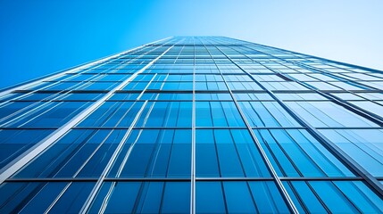 A tall skyscraper with reflective glass panels under a clear blue sky
