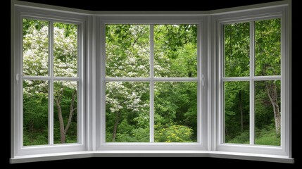 Fresh spring air flows through an open window, showcasing a radiant garden filled with blooming flowers and lush greenery