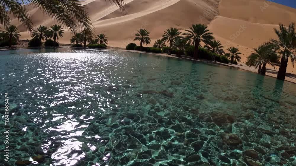 Poster a shimmering desert oasis with a towering sand dune backdrop, framed by a cluster of verdant date pa