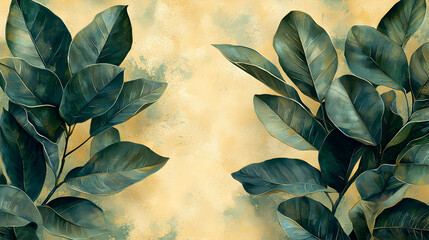 Serene Green Leaves on Golden Wall, Botanical Art
