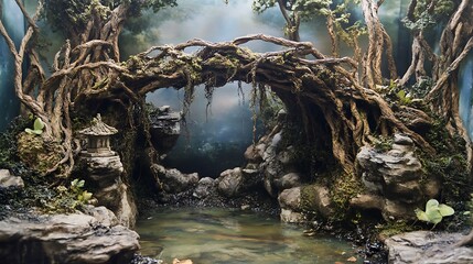 Fototapeta premium Living root bridge handmade from the aerial roots of rubber trees