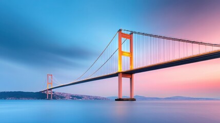 Obraz premium The Bosphorus Bridge illuminated by sunset colors, stretching across the water and connecting the European 