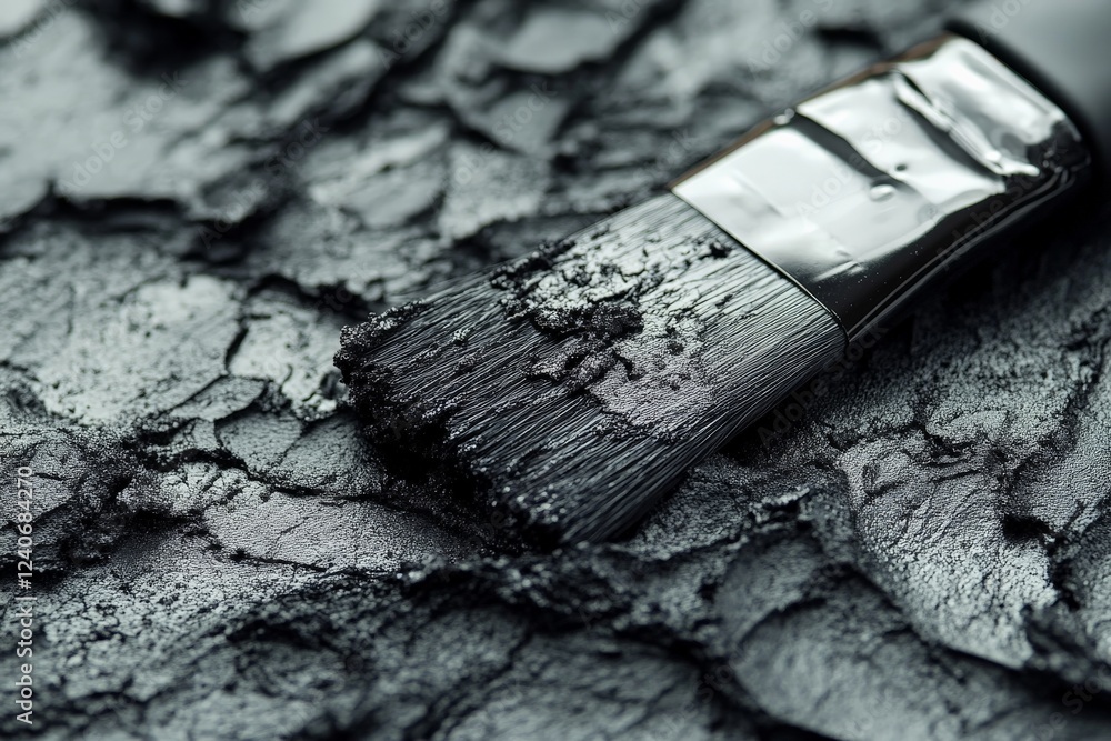 Poster Brush applying textured black paint on a rough surface during an artistic project in an indoor studio setting