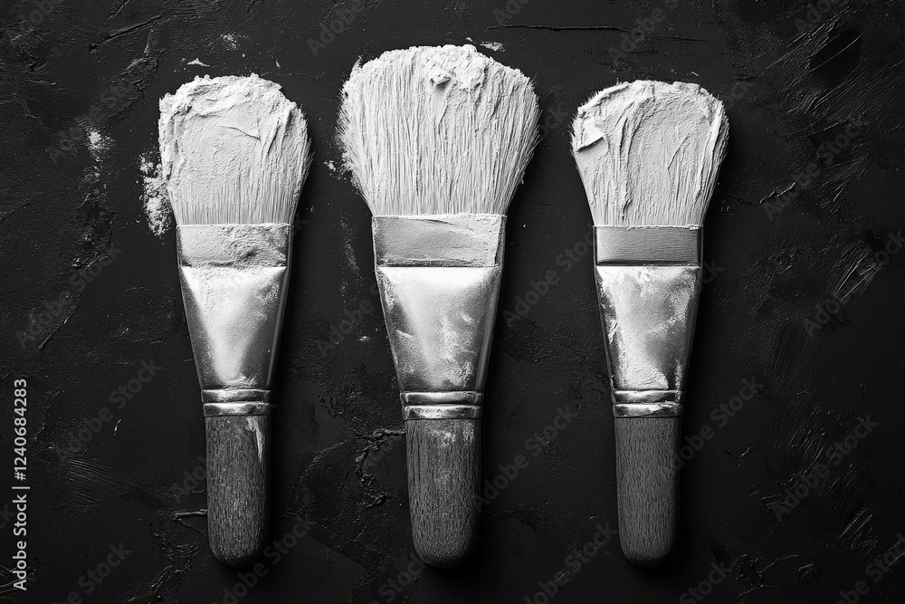 Poster three paintbrushes with white paint resting on a dark textured surface in an artistic arrangement