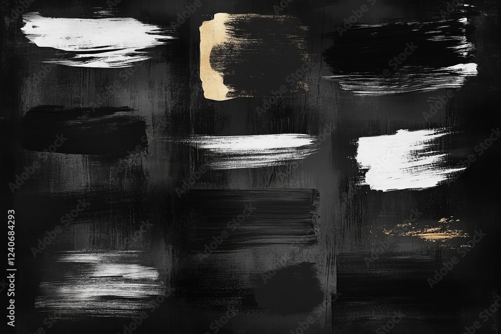 Poster artistic brush strokes in black, white, and gold creating a modern abstract background design
