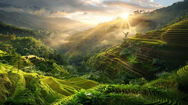 Golden sunrise over Banaue's vibrant rice terraces, reflecting light across the green tiers from above