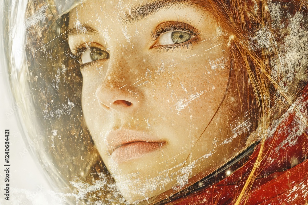 Poster young explorer wearing a space helmet gazes into the cosmos with wonder and curiosity in a futuristi