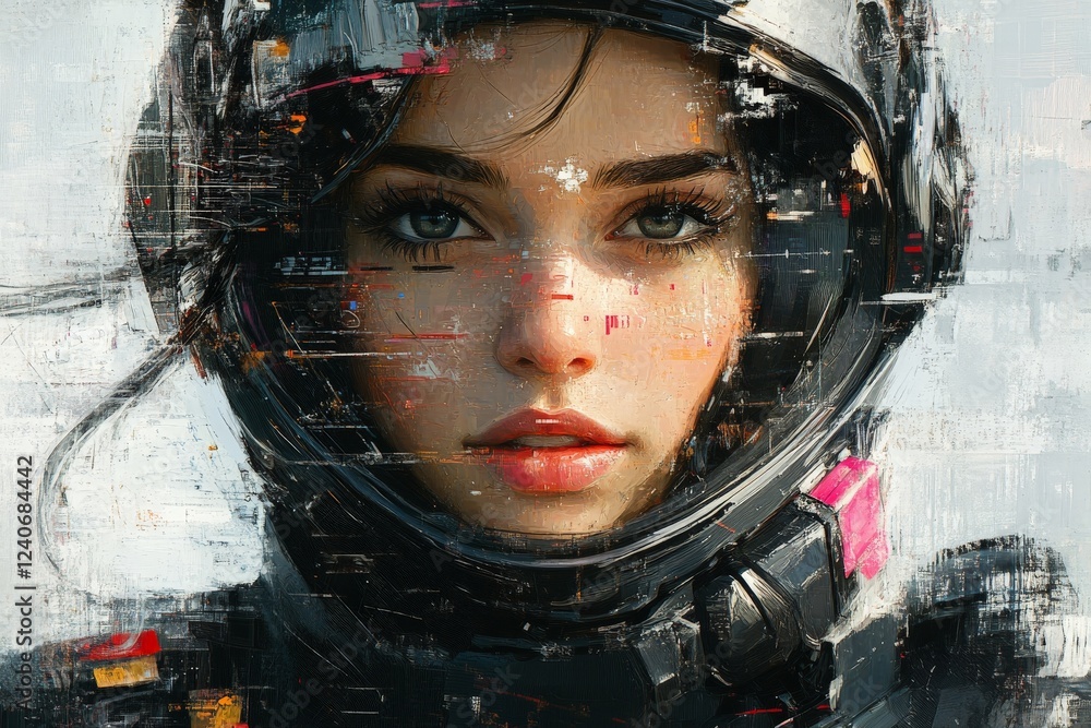 Aufkleber Astronaut with helmet gazing into the distance in a futuristic setting with abstract digital elements