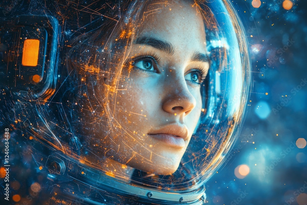 Aufkleber portrait of an astronaut contemplating deep space with digital highlights and a cosmic background