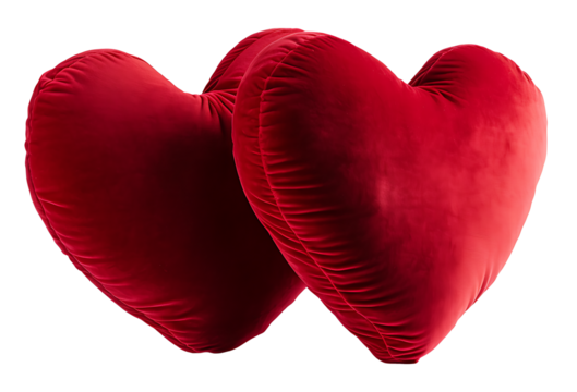 Two velvet heart-shaped pillows on white & transparent a background. - Powered by Adobe