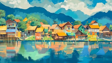 Fototapeta premium Vibrant scene of a tropical water village, featuring colorful houses on stilts reflecting in the clear water