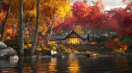 Fototapeta premium Autumnal Lakeside Cottage: A Serene Escape in Vibrant Fall Foliage