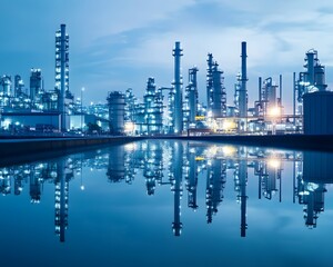 Fototapeta premium A captivating nighttime view of an industrial complex with illuminated structures reflecting in the water, showcasing modern engineering and urban development in a serene atmospher