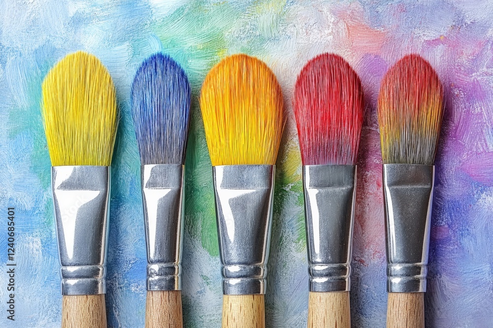 Poster colorful paintbrushes lined up against a vibrant, textured background showcasing a range of artistic