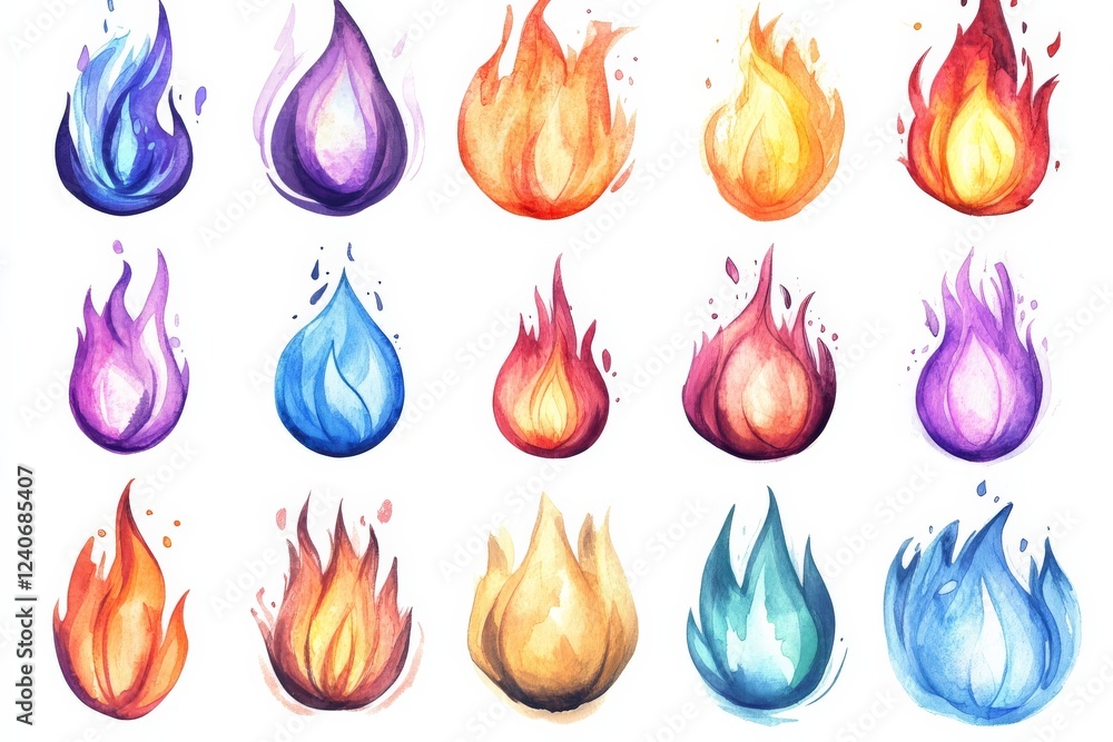 Aufkleber colorful flame illustrations featuring various shapes and sizes in artistic design for creative proj